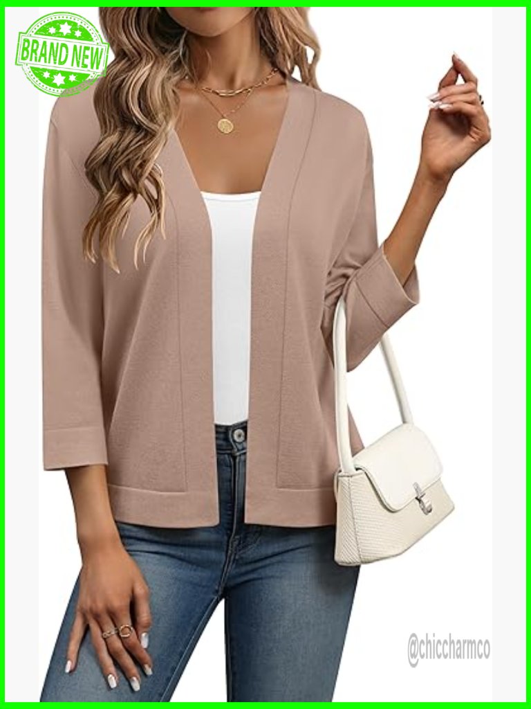 3/4 Sleeve Open Front Cropped Knit Cardigan Sweater Shrug